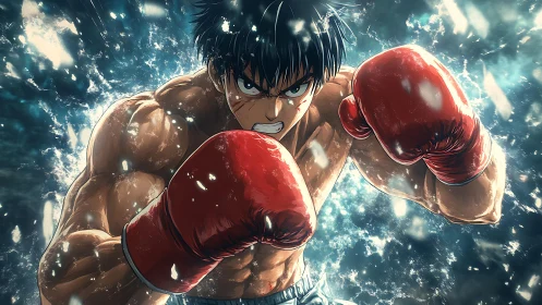 Determined anime boxer charging forward with fiery focus.