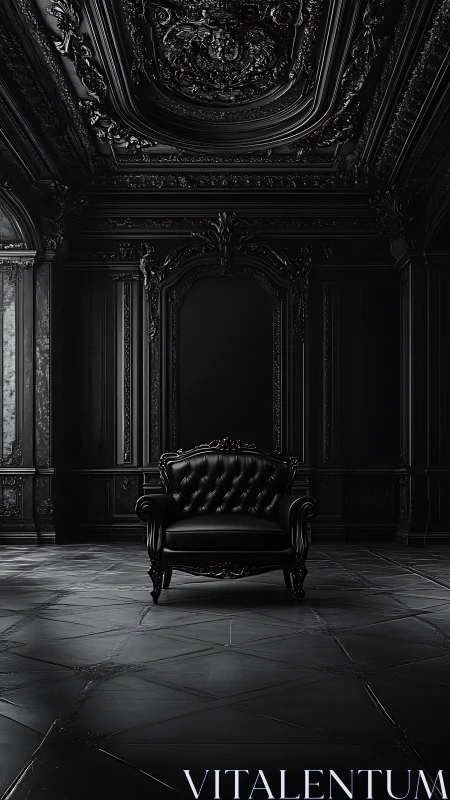 Black leather armchair centered in ornate dark interior