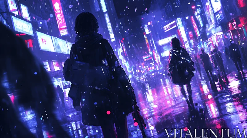 Silhouetted figures walk through neon city streets in rain