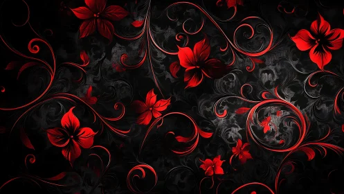 Red floral vines curve across a dark ornamental background