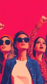 Bold feminist trio in saturated red vector portrait composition.