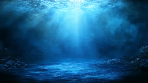 Subsurface ocean floor illuminated by volumetric blue caustics