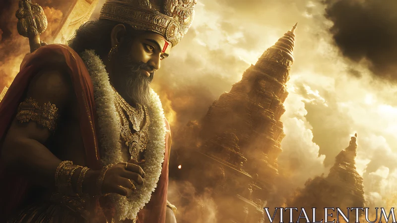 Golden temple guardian watching over misty sacred spires.