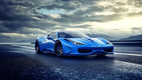 Azure supercar hunts the horizon on storm-lit coastal asphalt.
