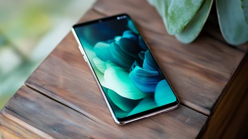 Modern Smartphone Resting Peacefully on Warm Wood.