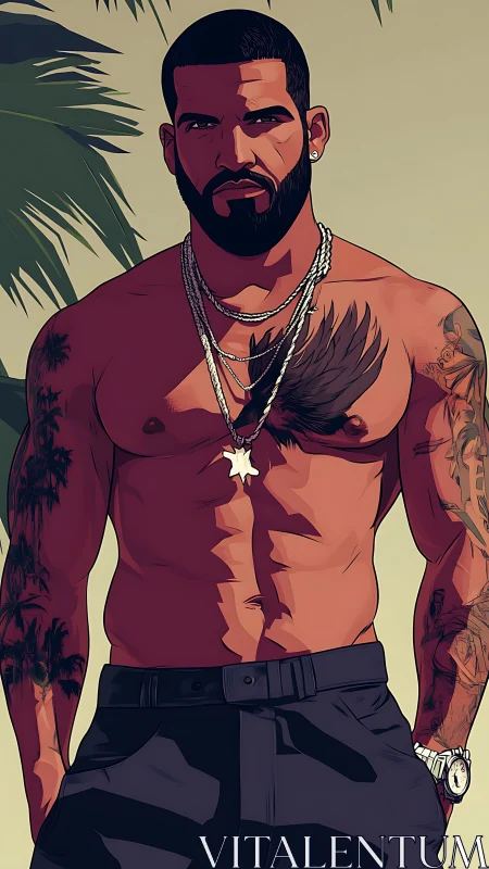 Sunlit swagger under palms, inked chest and silver chains.