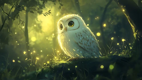 Whimsical baby owl in glowing forest, digital fantasy art style.