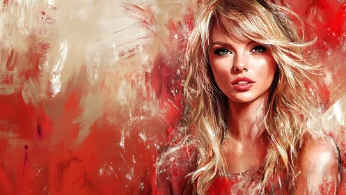 Digital female portrait on red and beige abstract background.