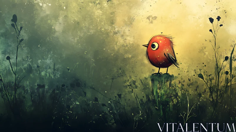 Wide eyed crimson birdling pauses in a dreamy meadow hush.