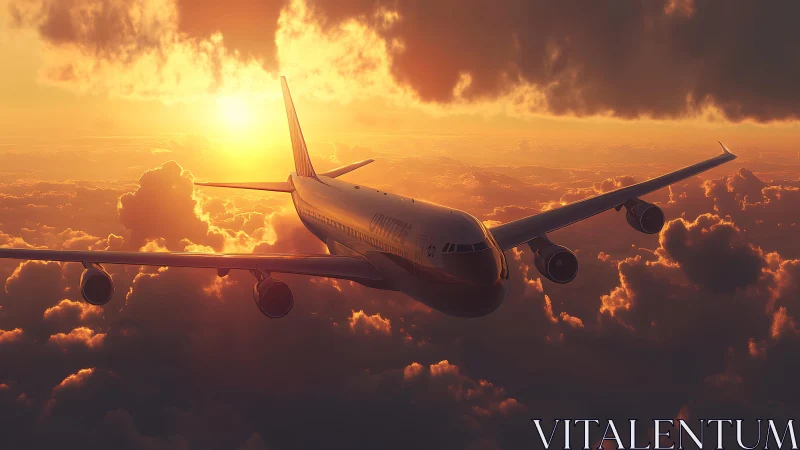 Sunlit jet brushes the cloudtops while evening sky burns gold