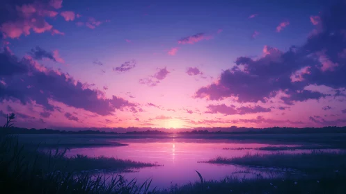 Luminous violet sunset melts over a tranquil reflective lake