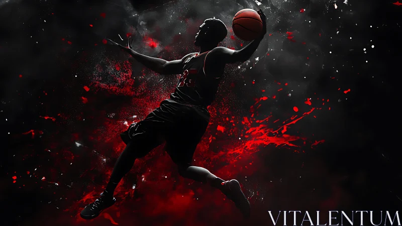 Silhouetted basketball dunker amid red kinetic splashes.
