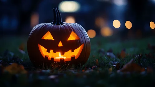 Carved jack o lantern on grass at dusk with blurred lights.