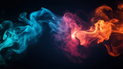 Tricolor volumetric smoke plumes in cyan magenta orange on black