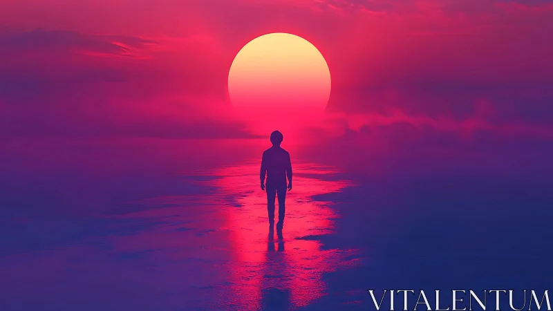 Neon wanderer crossing a glowing horizon of molten dusk.