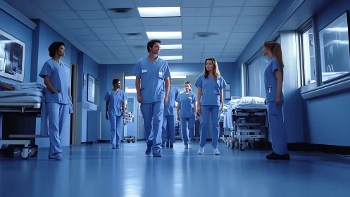 Scrubs in motion trace quiet heroism down the blue hallway