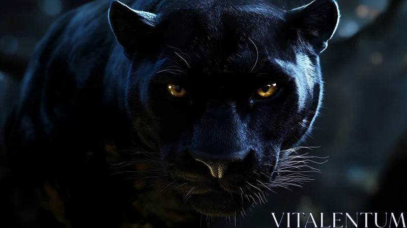 Black Panther Portrait with Aureate Ocular Luminescence in Nocturnal Setting