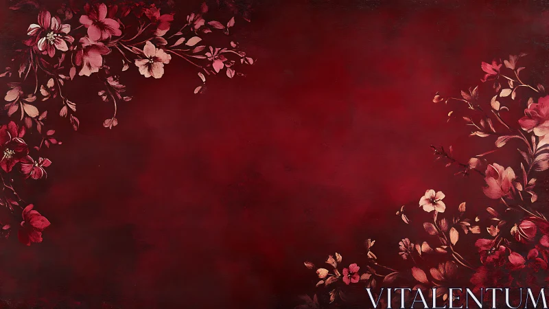 Crimson Floral Border Study with Layered Botanical Elements