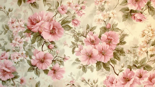 Soft pink floral wallpaper with layered vintage blossoms.