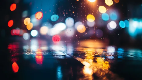 Neon city rain blurs street reflections and night lights.