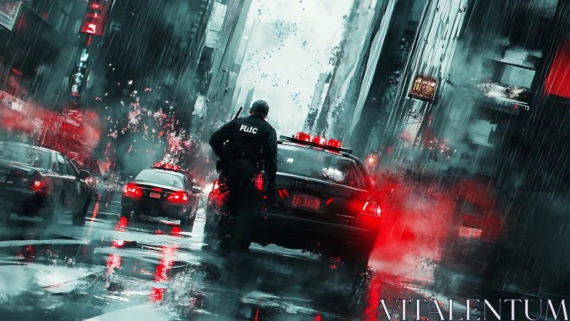 Rain-slicked sirens carve neon streaks through the city storm