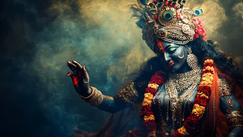 Digital depiction shows ornate blue-skinned deity in smoke