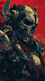War-scarred cybernetic skull knight amid crimson chaos.