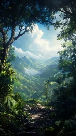 Verdant Valley Portal: Jungle Canopy Frames Mountain Landscape