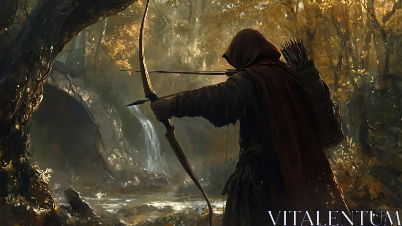 Hooded forest archer pausing by a secret waterfall gate.