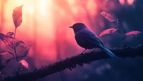 Silhouette of a Songbird on a Branch During Vibrant Sunset.