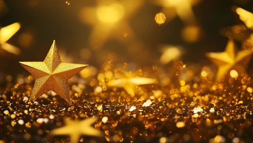 Golden star sculpture rests on glittering bokeh field