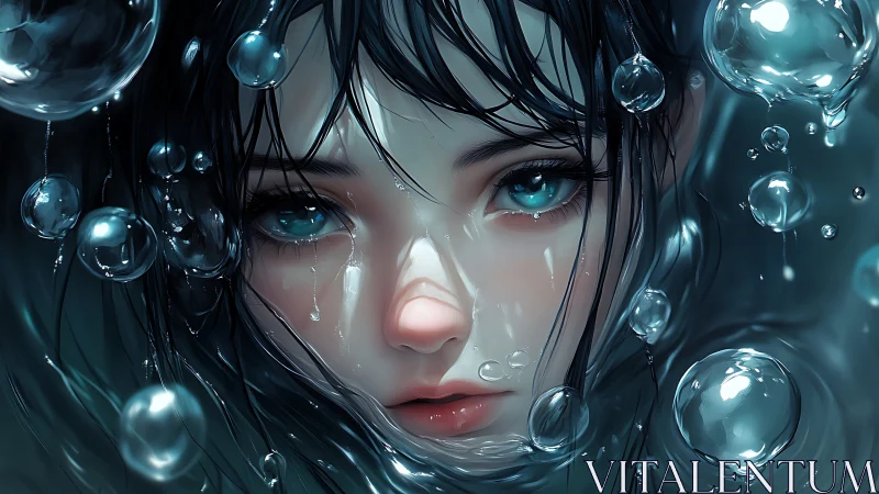 Digital portrait of submerged girl with luminous blue eyes.