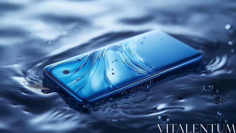 Sleek blue smartphone immersed in reflective liquid waves.