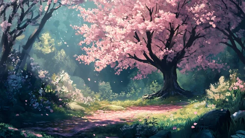 Spring forest path under blooming pink cherry tree.