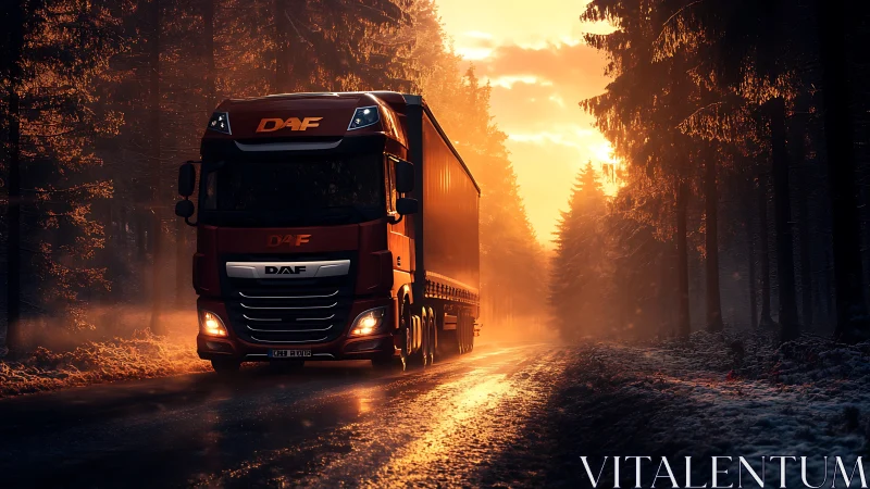 DAF truck powers through frosty forest at blazing sunrise.