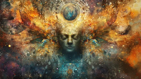 Cosmic neural visage dissolves into radial quantum nebula fields