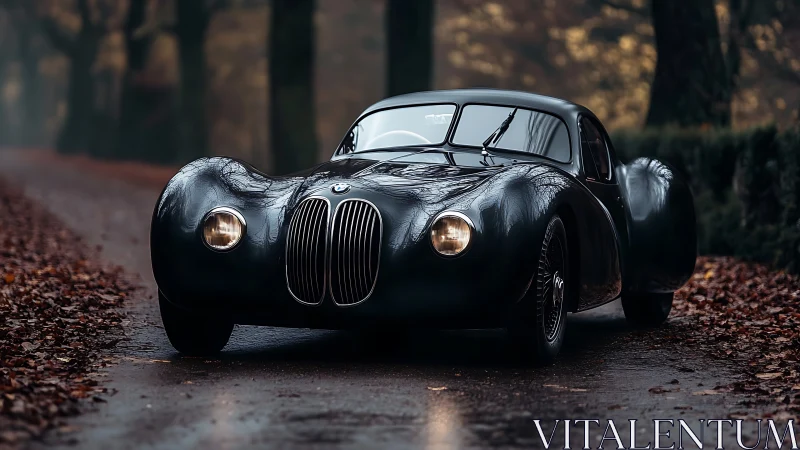 Vintage black coupe gliding through a quiet autumn lane.