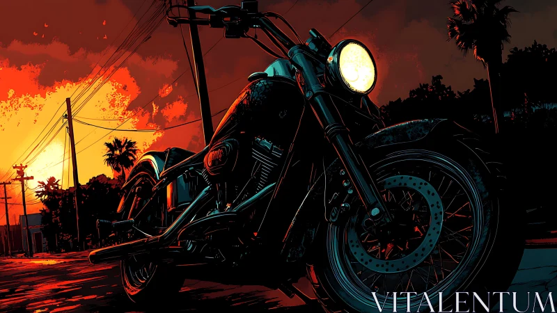 Motorcycle is rendered in low-angle view on urban street at dusk