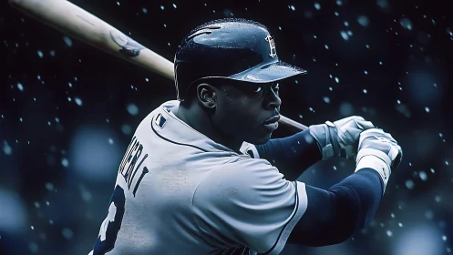 Baseball batter holds ready stance under falling rain.