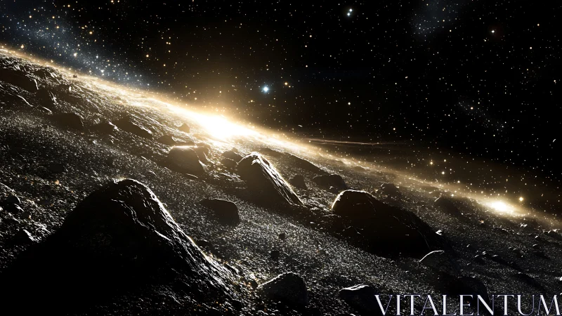 Starlit asteroid horizon awash in newborn cosmic dawn glow.