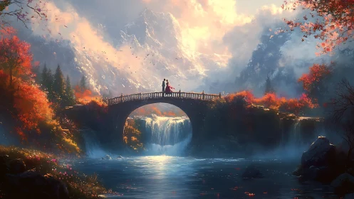 Sunlit mountain bridge where quiet autumn romance lingers.