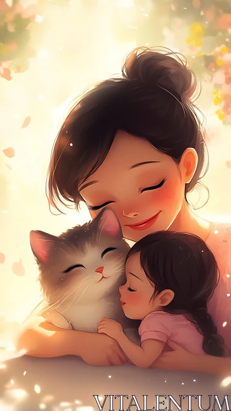 Mother and child embrace cat in warm, glowing light.