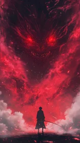 Silhouetted swordsman before large red demonic cloud form.