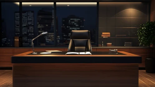 Quiet corner office at night inviting big, thoughtful ideas.