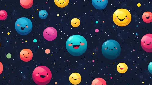 Smiling colorful planets float playfully across dark space.