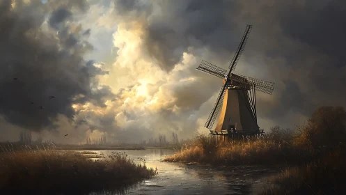 Storm-lit windmill over marshland under dramatic skies.