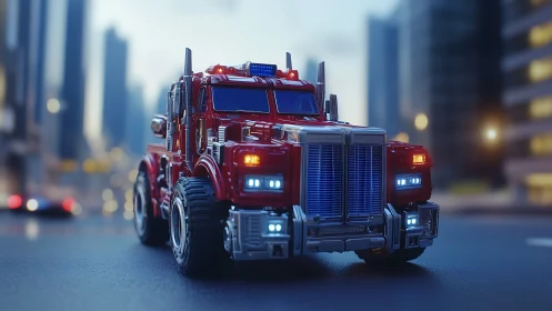 Red futuristic semi truck on city street at dusk.