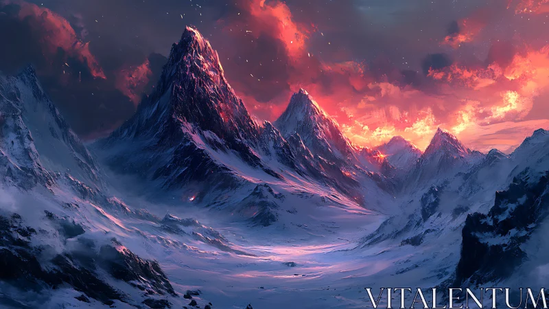Fiery red sky over cold, snow covered mountain range.