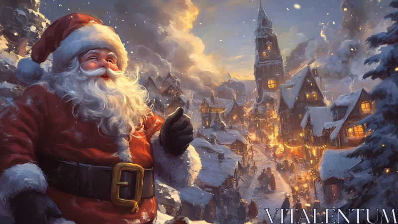 Illuminated Santa portrait above snowbound festive village.