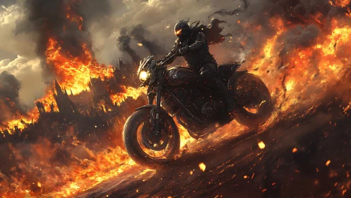 Lone rider blazing through a storm of fire and embers.